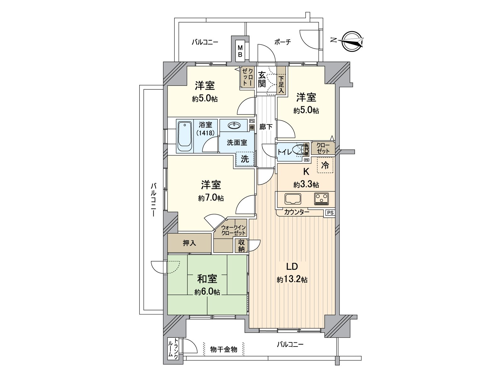 開放性的3面陽台式樣的4LDK住戸。有全居室收納，并且能有效地靈活運用住空間。到底開放約6.0張塌塌米和式房間的話和客餐廳可以利用。