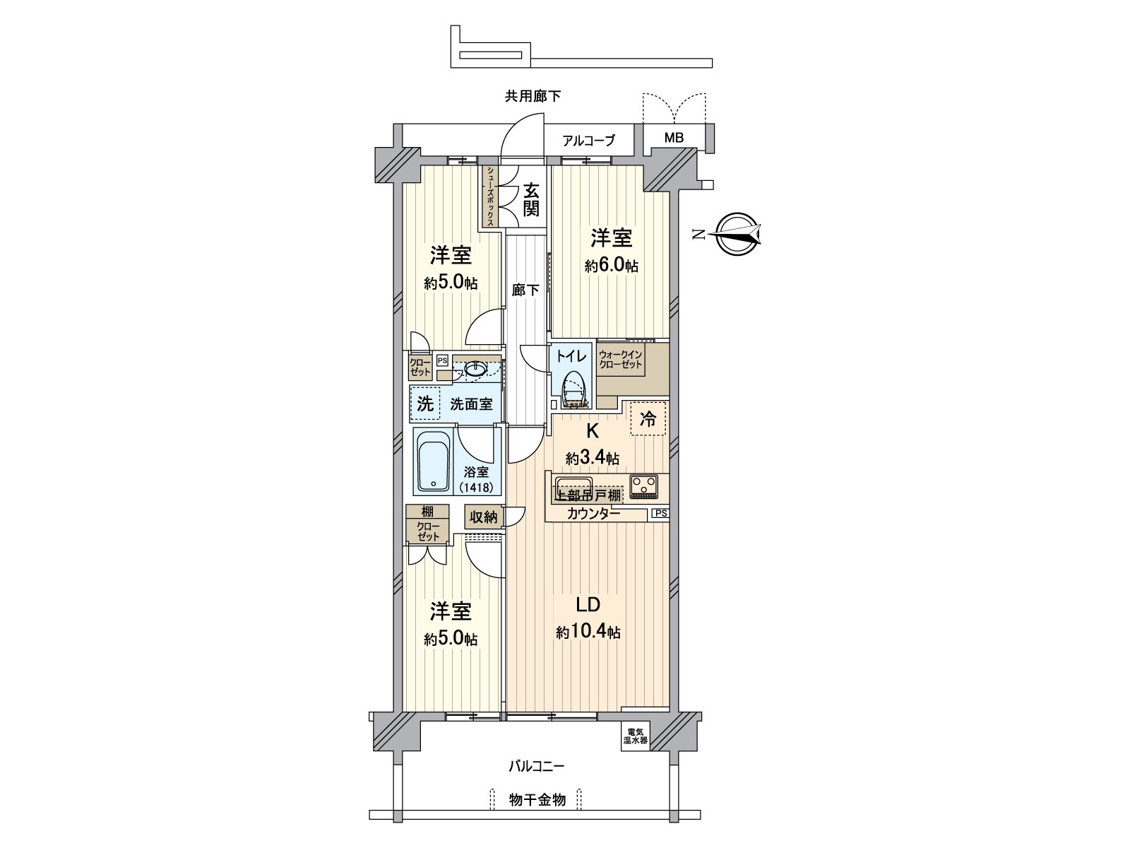 WIC從屬於全居室存儲空間的3LDK。東西難以亂七八糟，好像能有效地靈活運用住空間。在開放式廚房，櫃台被設置。