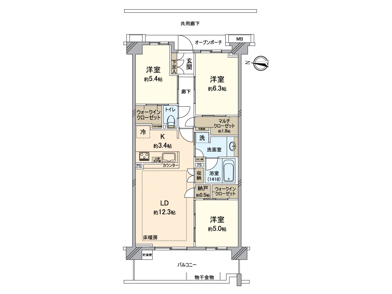 有全居室收纳，能和感觉清醒收藏家族的衣服以及行李。能广泛地使用住空間。在约12.3张塌塌米客餐厅，地板暖气被具有。