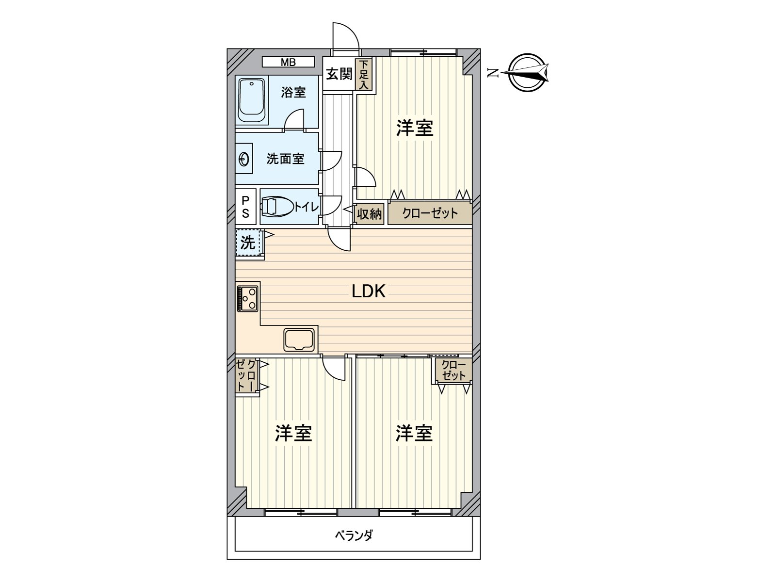 能從兩個西式房間朝西的陽台進出。流跡線容易把工作簡短地換成的L字廚房被采用。門口附近有洗臉室，回家之後的洗手順利。