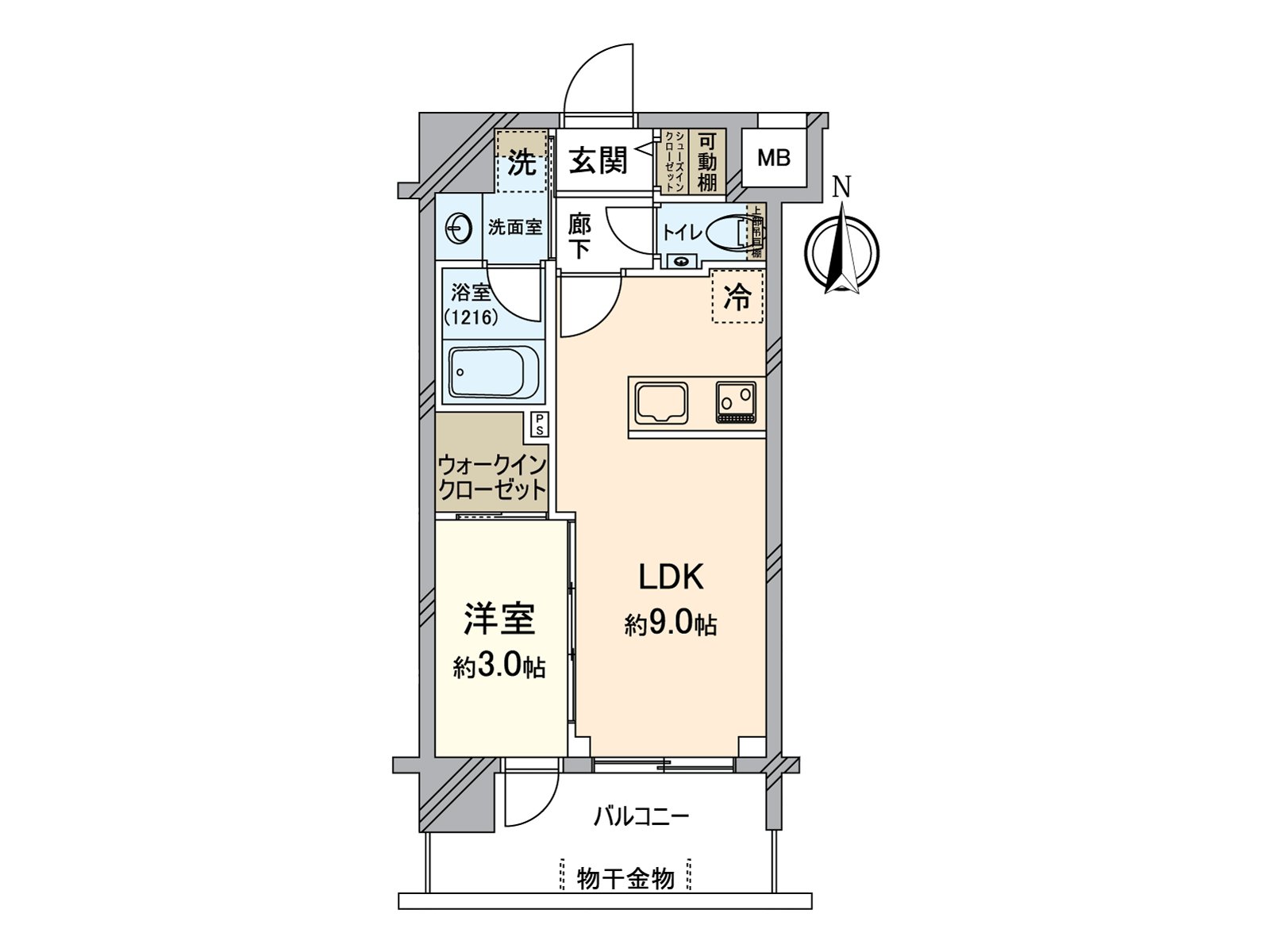 It is 1LDK dwelling unit with balcony. LDK has about 9.0 quires of area. A bathroom, a washstand, a restroom becomes independent and can keep life space sanitarily. There is storage space such as WIC and can utilize house space effectively.