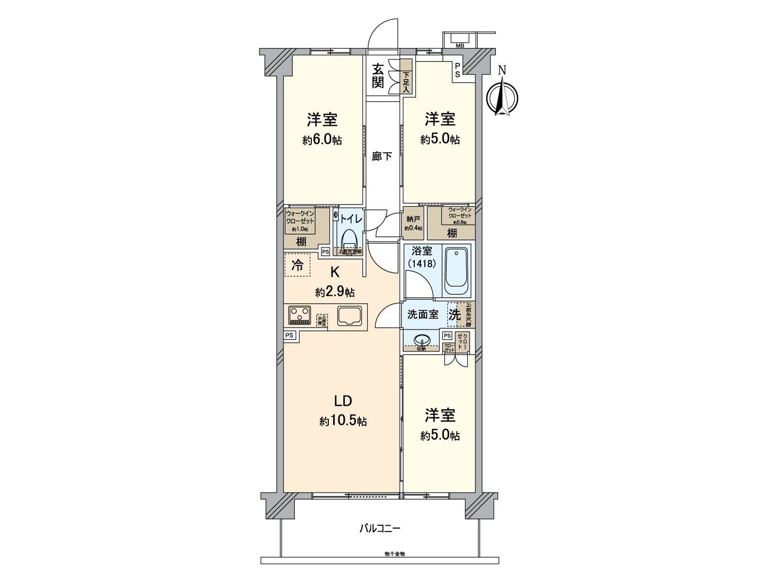 LDK，可以与约5.0张塌塌米邻接的西式房间的1具利用。厨房是交流有进展的开放式。各西式房间正设有收纳。
