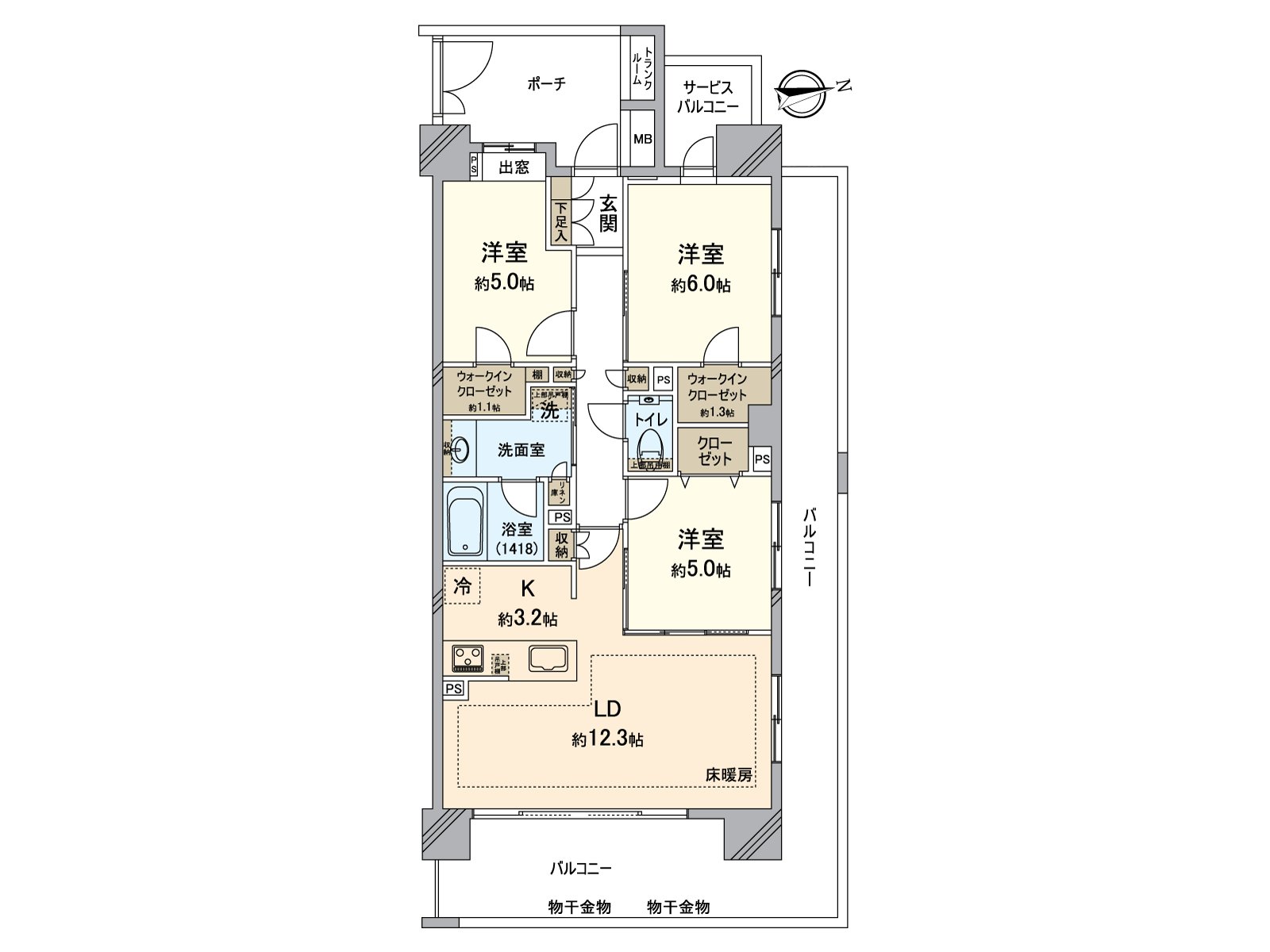 面朝東的3LDK住戸。客餐廳部分有地板暖氣。是2面陽台的邊間。2個WIC被設置，收納力是高的房間。