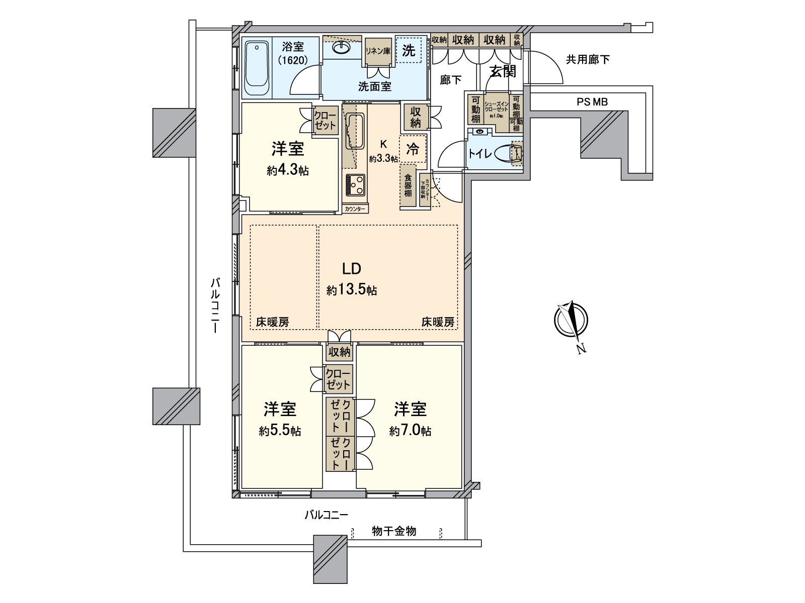 The Southeast Orientation corner unit which possessed L-shaped Terrace. Floor heating is installed in the LD part. It is with a disposer with a dishwasher in the kitchen. There is storing in the everywhere including the storage of SIC and linen and can secure a residential space widely.