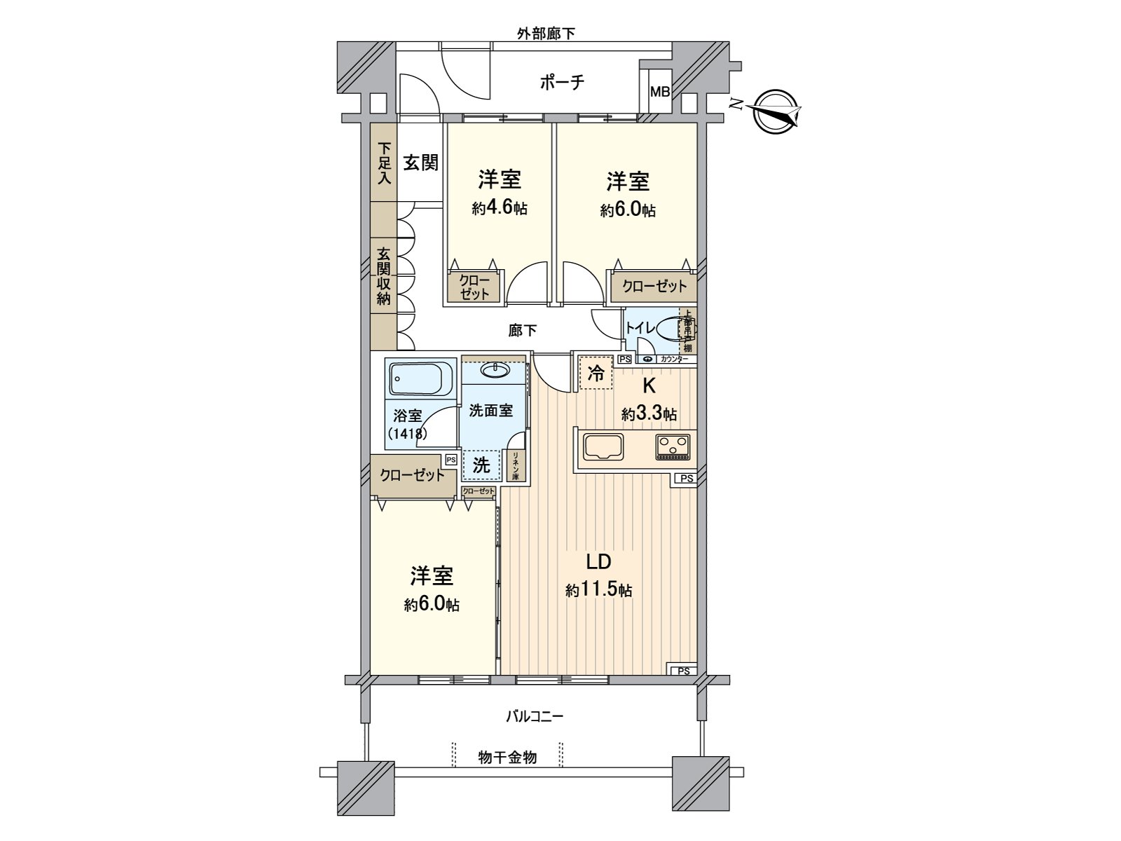 LDK和西式房間(約6張塌塌米)面向朝南西陽台，明亮地有開放感覺。馬上能從廚房去洗臉室，菜裡洗滌，家務效率好是能夠的流跡線。