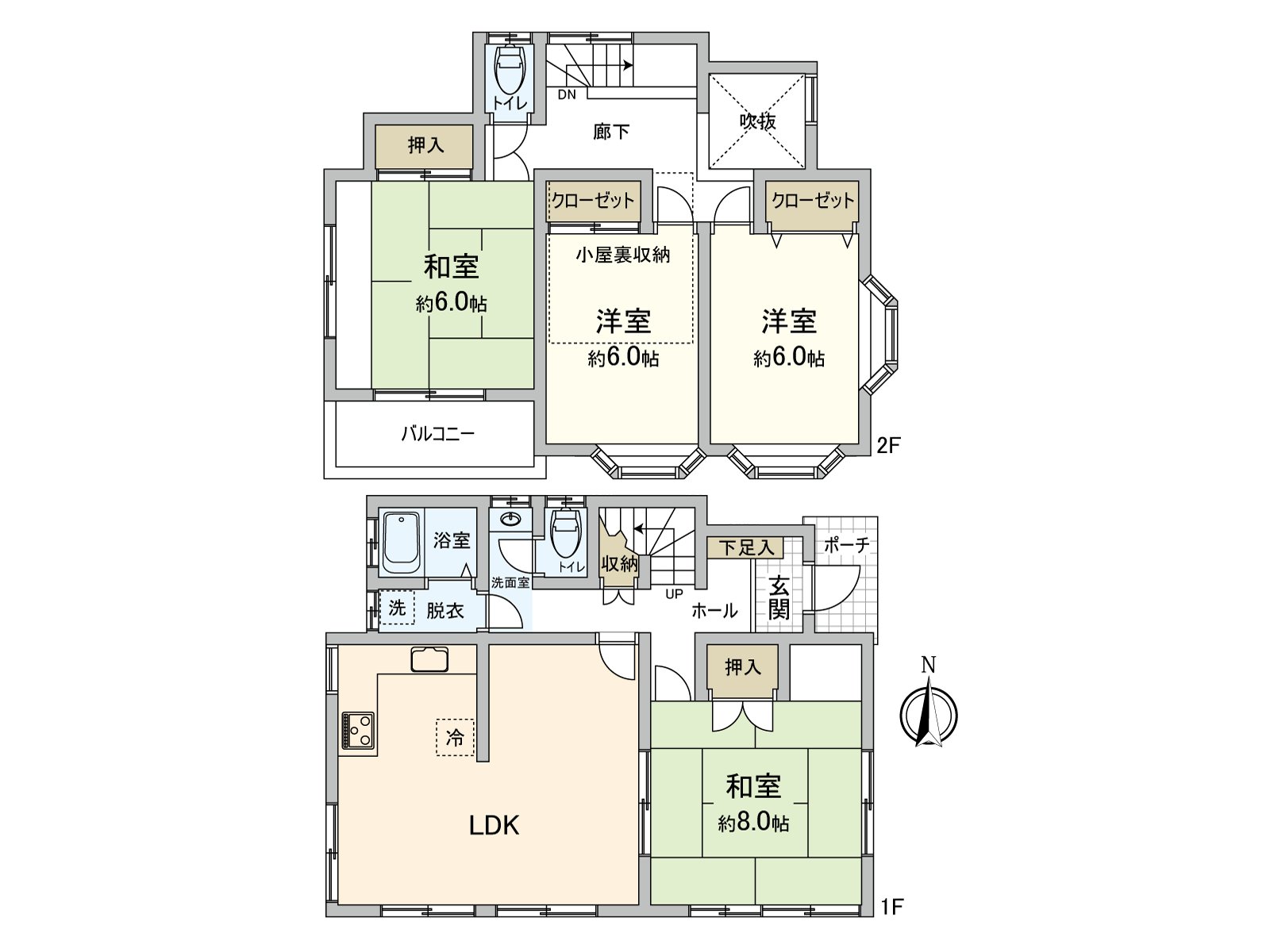 樓梯下邊收納以及壁櫥收納，壁櫥，小房間背後收納是到處有存儲空間，便利的房型。效率好可以工作的L字型的廚房。對1樓和2樓，2個地方有廁所，便利。