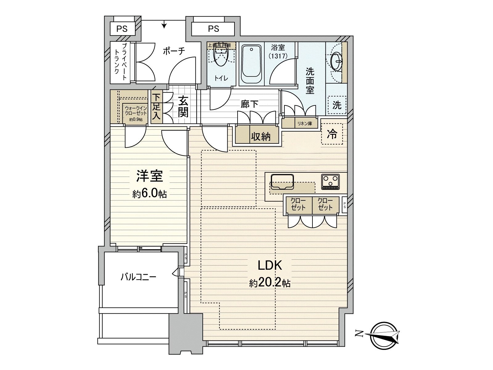 是包括步入式衣帽间在内的丰富的收藏被准备的家。LDK能用宽敞的约20.2张塌塌米舒适地舒畅。