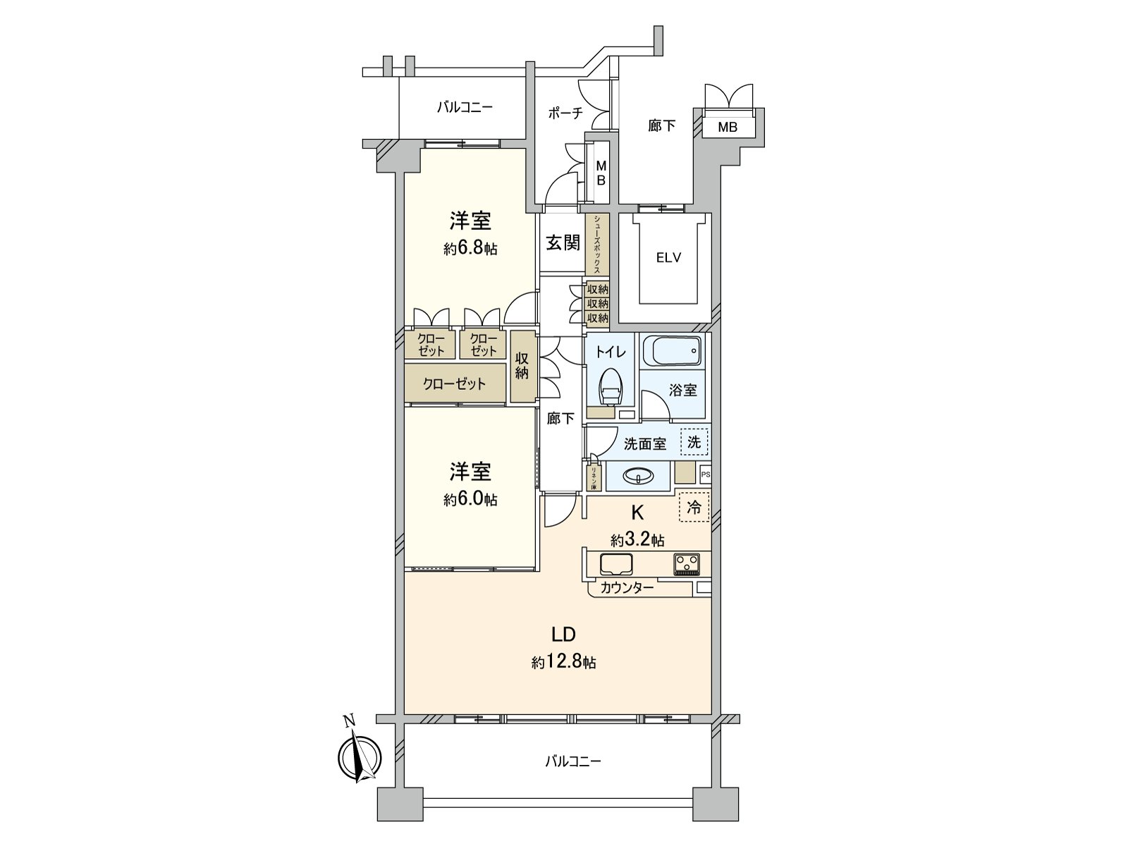 門被在門口的前面設置，被考慮隱私。電梯正鄰接，可以在有重的行李的時候也舒適的移動。
