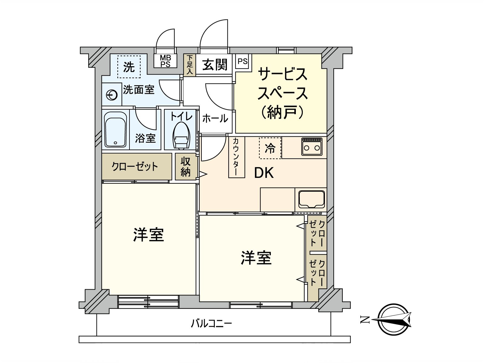因為在全居室有存儲空間所以能有效地使用住空間。到底西式房間(西南一側)正同DK鄰接，開放門，能利用。
