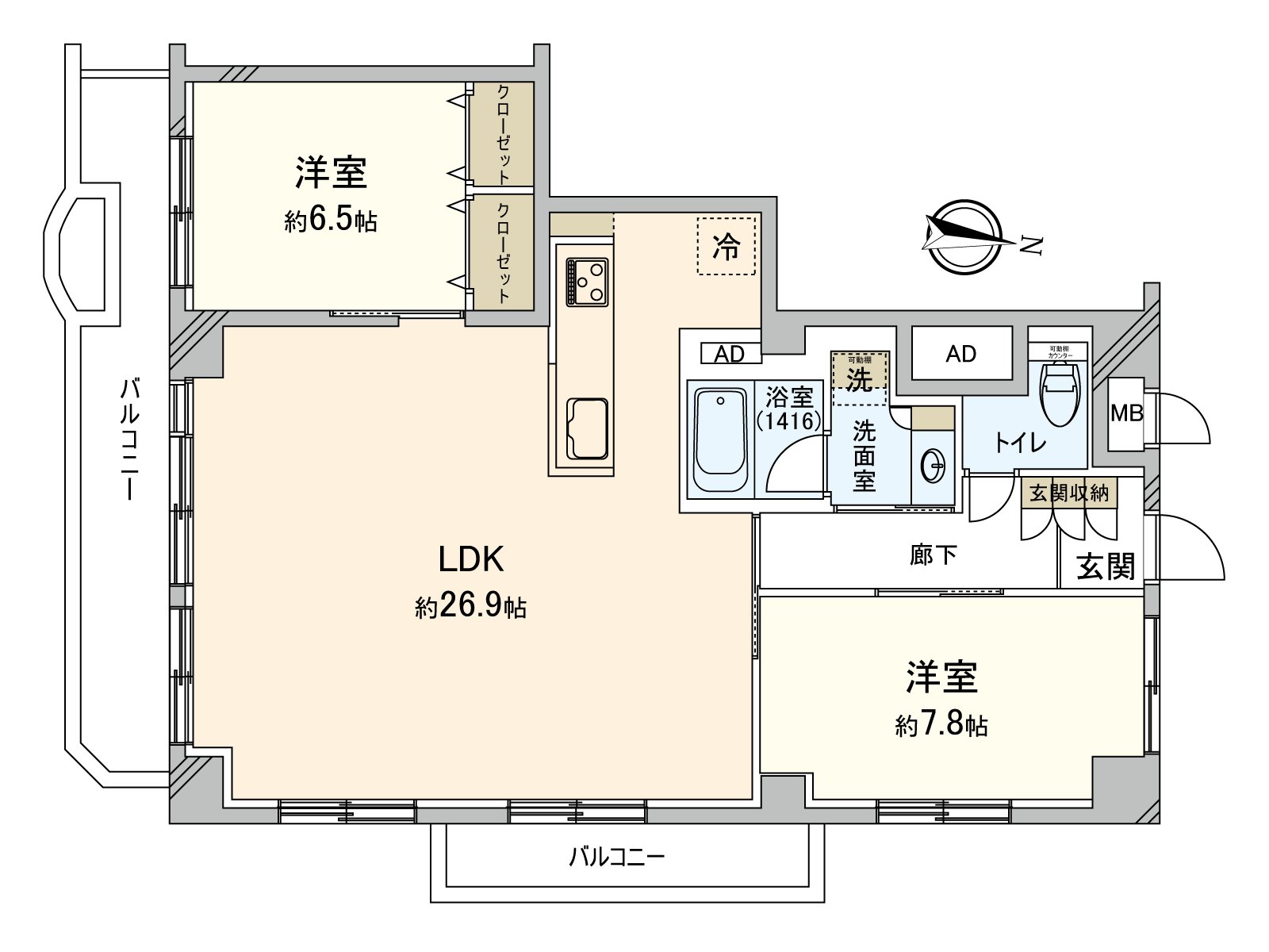 是南側和東面的的2面具有陽台的陽光、通風良好的2LDK住戸。超過6張塌塌米全居室的面積被確保，舒適是某一個住空間，并且可以度過。