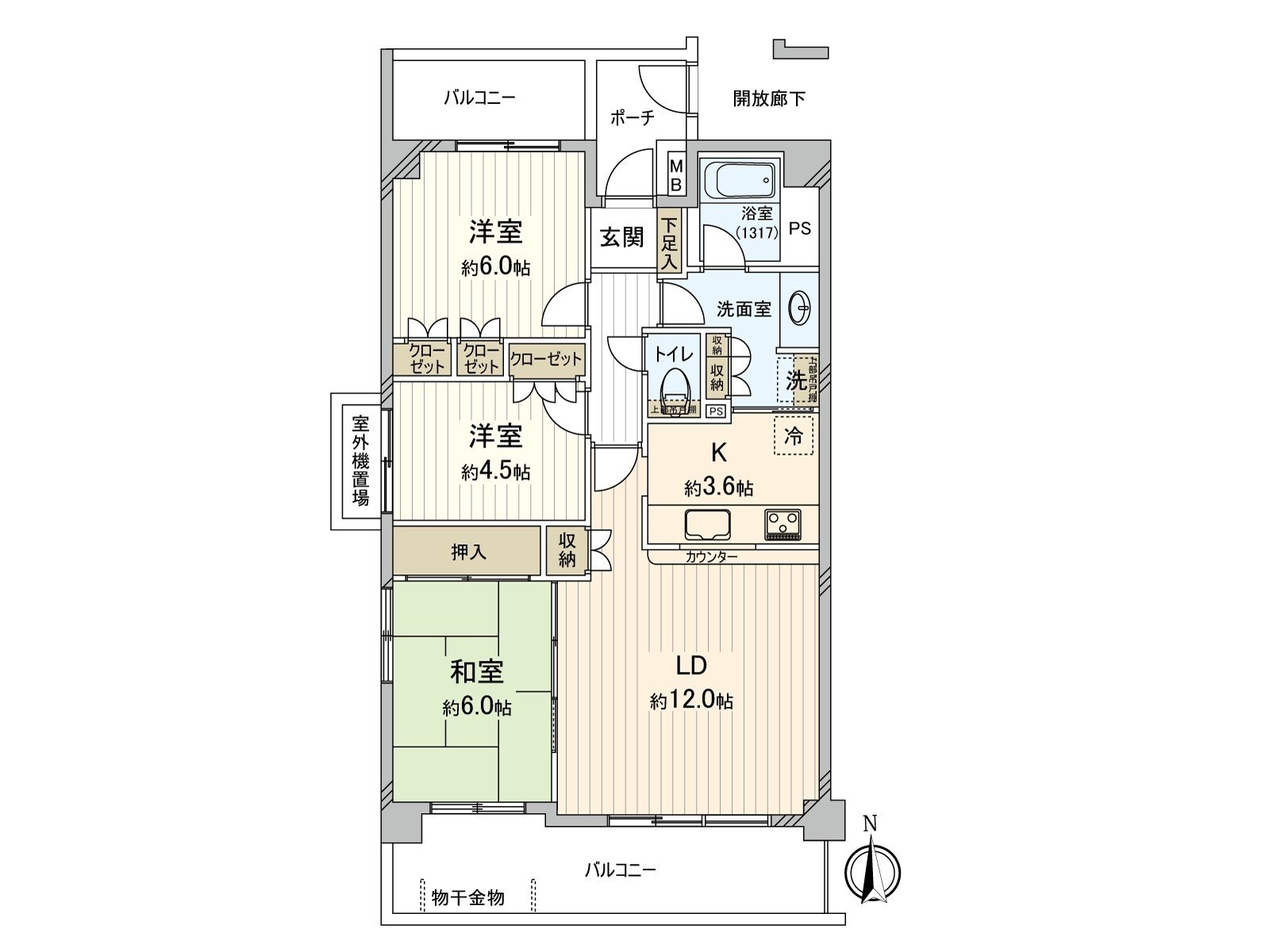 全居室有收納。一下子最低限度地切住空間，寬敞可以靈活使用儲藏櫃的設置。通風好的兩面陽台被采用。