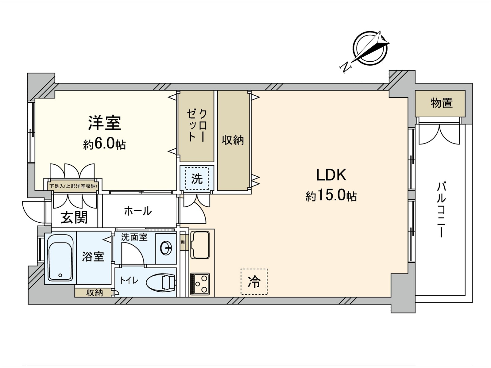 朝南西。收納被全居室具有，而且庫房也被在陽台設置。在廚房，広々使得到住空間的貼墻式被采用。
