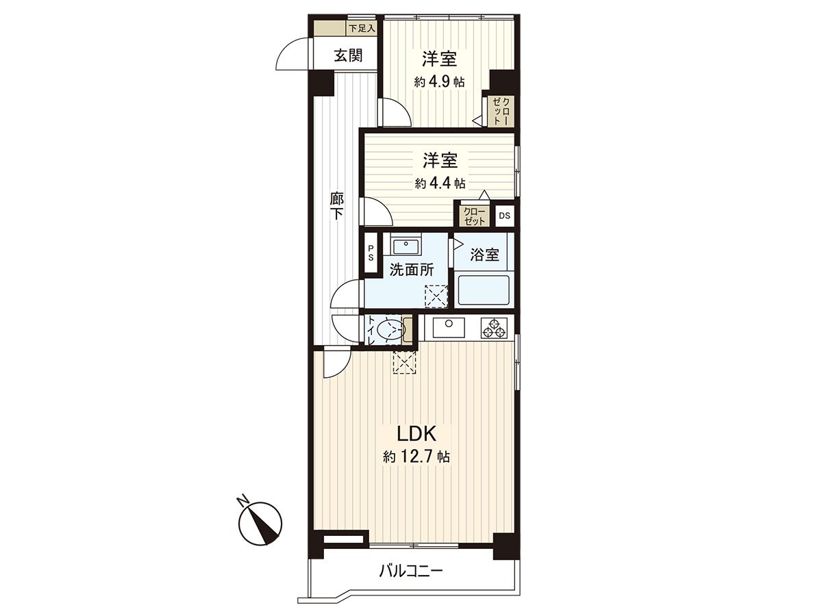 朝南西的邊間的2LDK。2面LDK根據采光明亮地有開放感覺，通風也良好。收納被分別在兩個西式房間備有，是好用的房型。