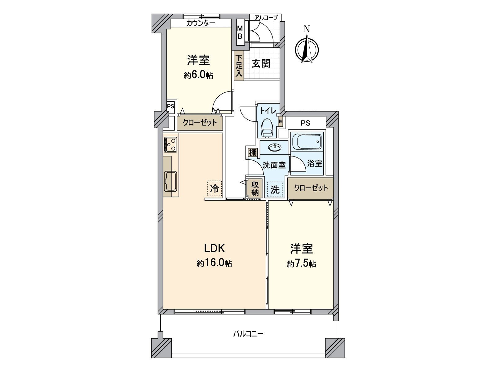 私人使用面積72.62平方公尺，2LDK住戸
