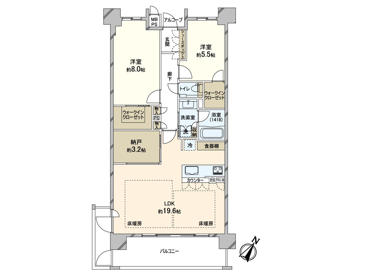 阳光、风景良好度的朝南的住戸。因为步入式衣帽间在室内到处有收纳，在储藏室有能瞭望客厅的FIX窗所以是有开放感觉的房间。