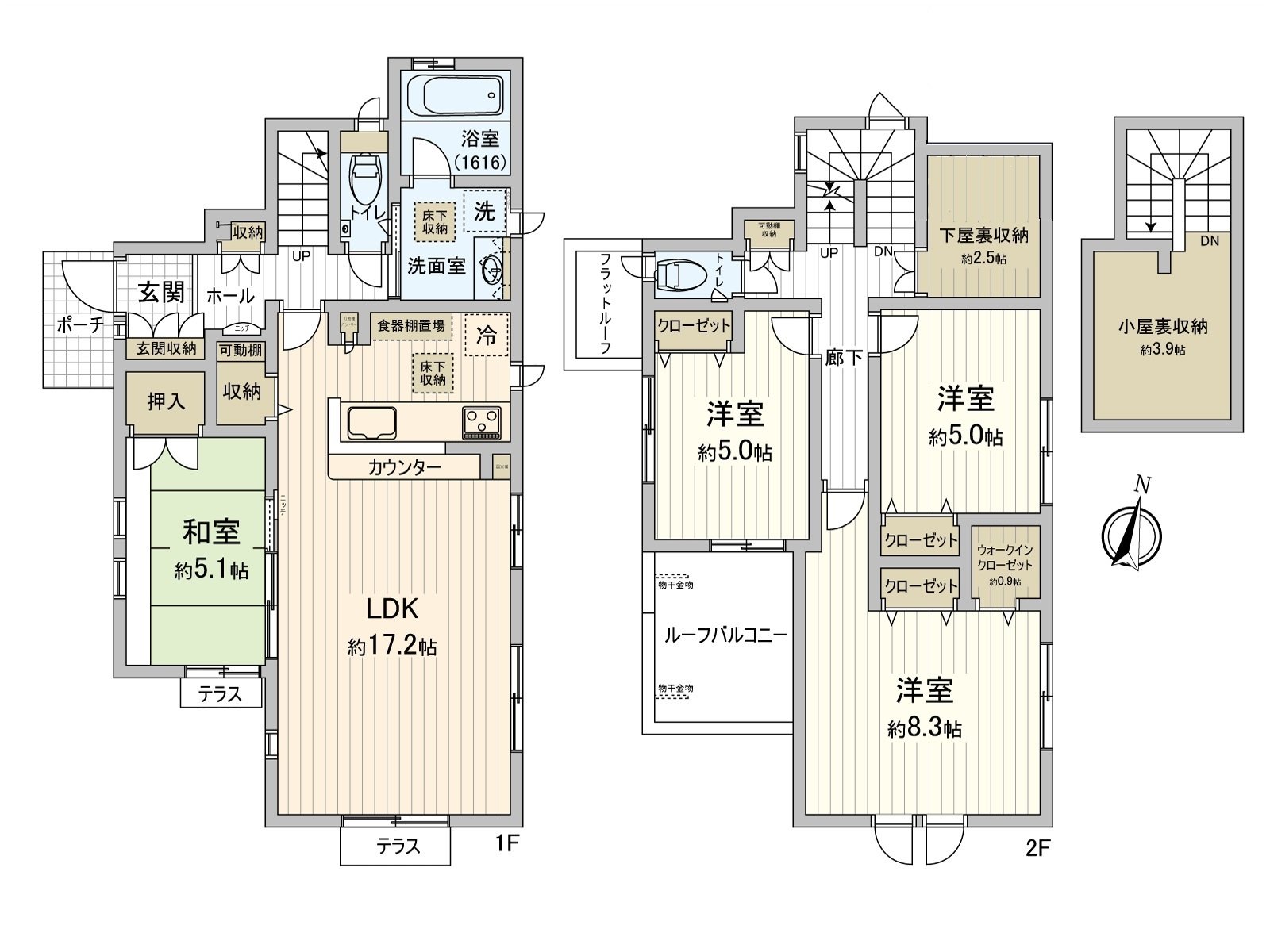 ○ 有表示的地面面積不包括的小房間背後收納(約3.7張塌塌米)，預先屋背後收納(約2.5張塌塌米)