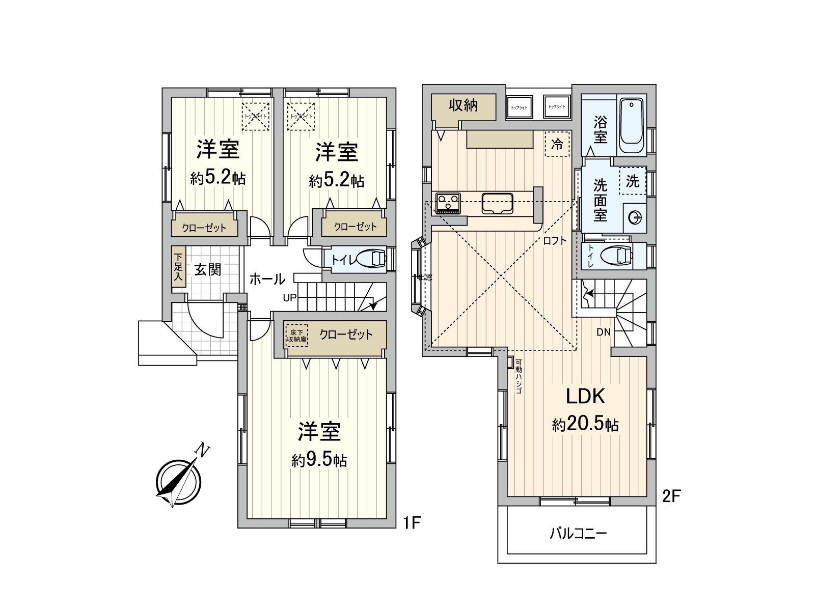 约20.5张塌塌米2楼LDK，客厅楼梯被采用。是的自然和家族的交流增加的房型。全居室2面采光，存储空间丰富的点数是魅力。