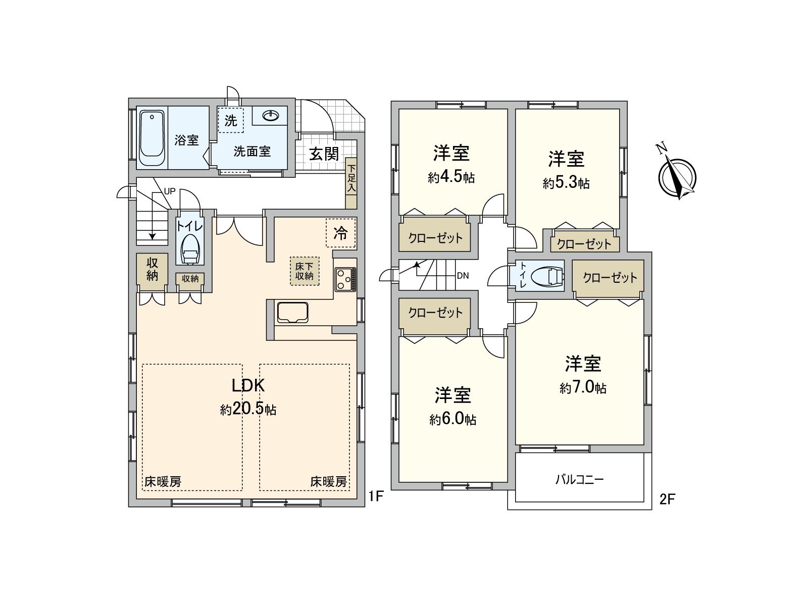 是有全居室收纳的4LDK。厕所被在1楼，2楼设置。客餐厅部分有地板暖气，好像也到冬天的时期视为好东西。