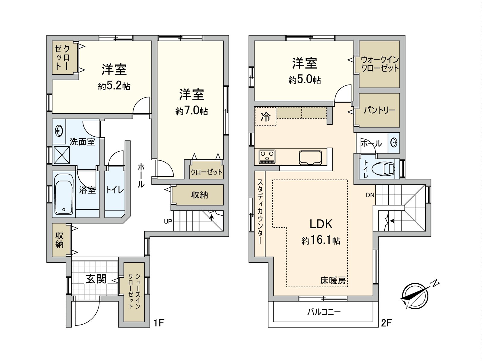 There is a study counter in LDK and can do reading and study. The Western-style room has more than five area and is easy to locate the furniture. WIC and SIC, storing including the pantry are abundant, and the inside of the house seems to be cleared up clearly.