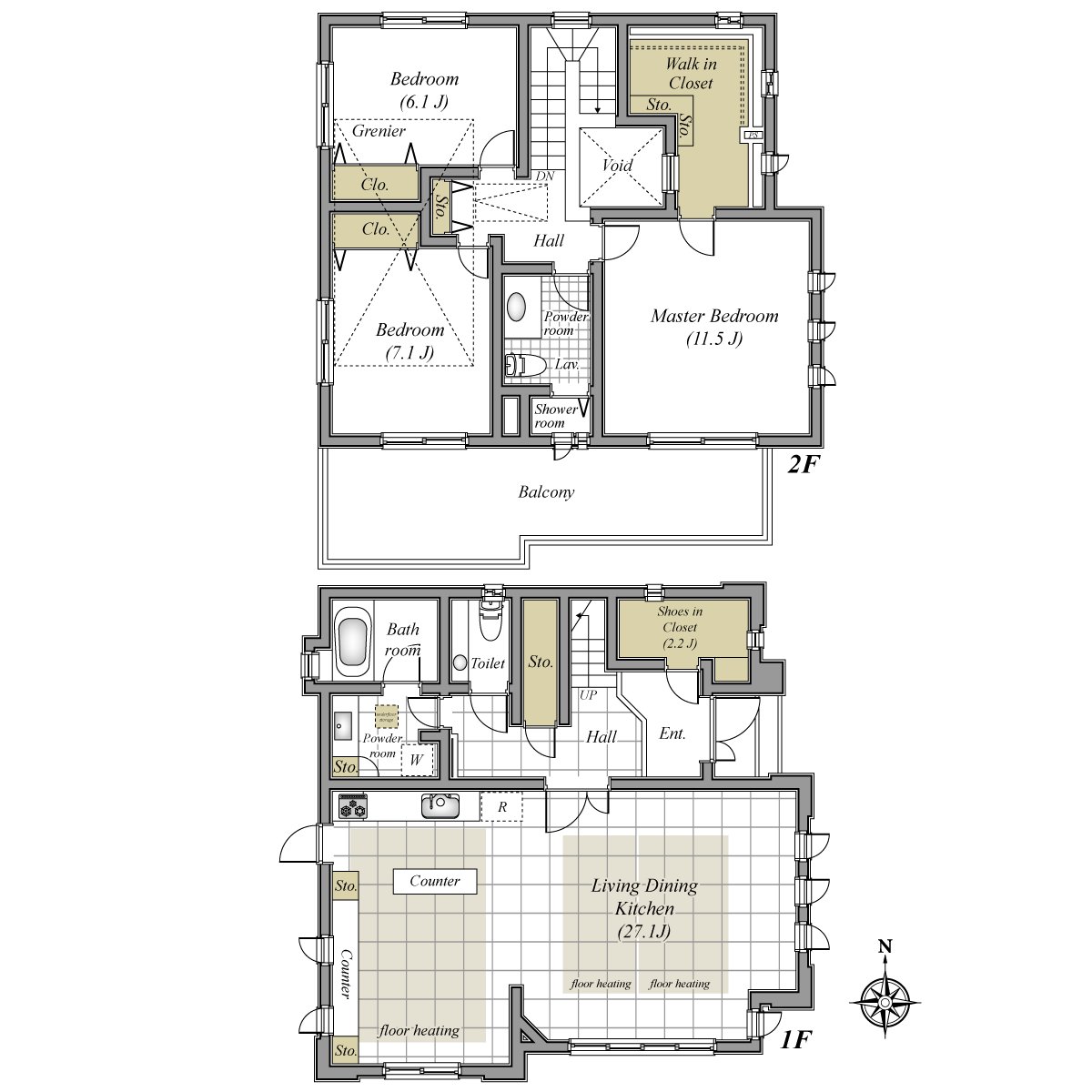 天花板高度有最大約3m，能嘗開放感覺。約27.1張塌塌米寬敞的LDK是魅力的家。