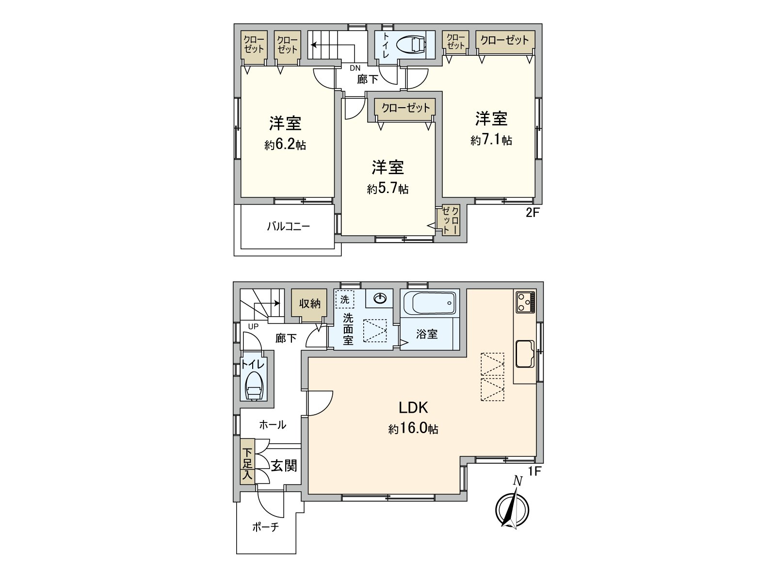 1樓走廊以及2樓的各居室正設有豐富的存儲空間。因為廁所在各層所以也容易夜間以及來客時利用。