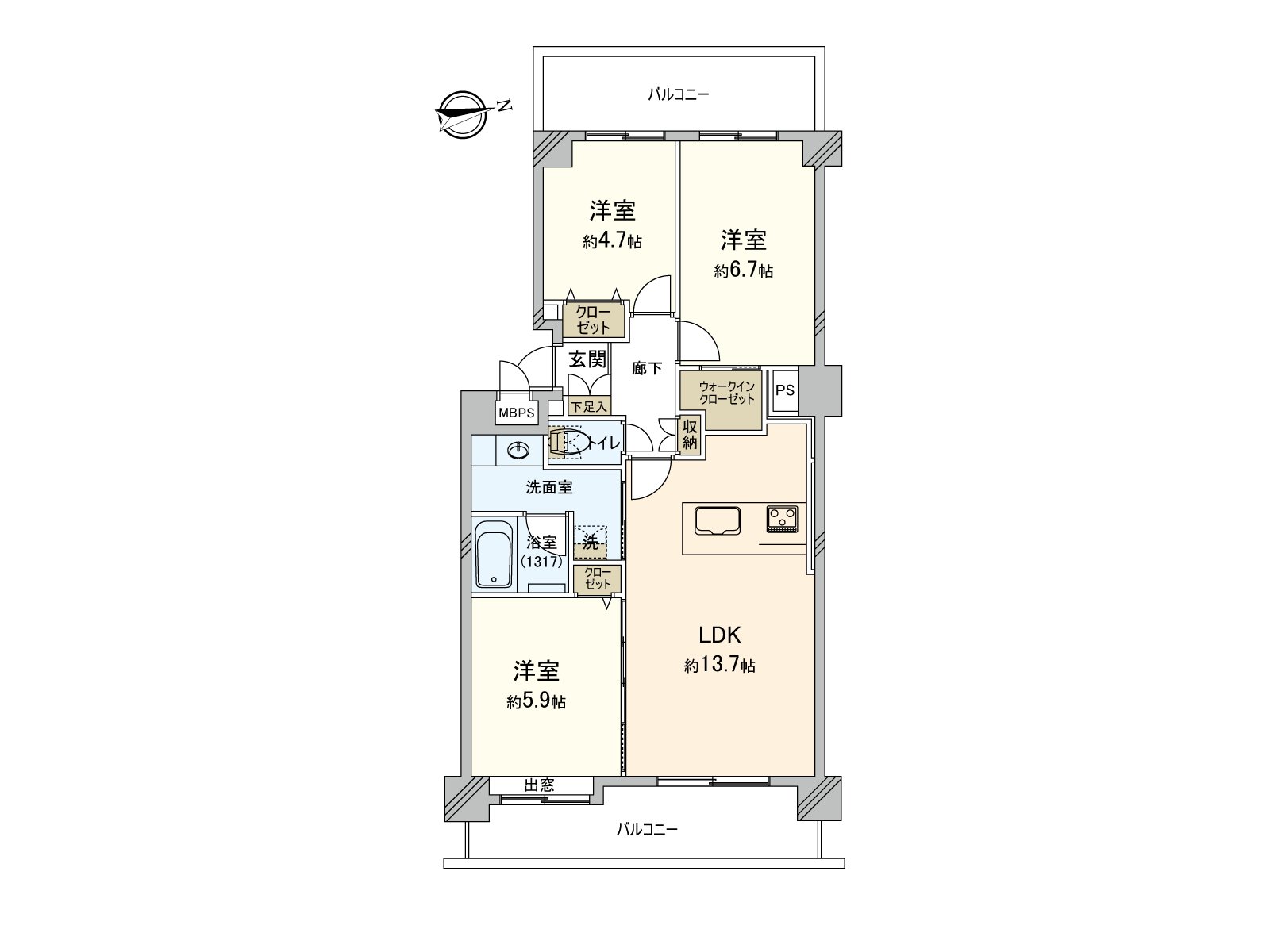 在2面陽台的開放感覺溢出來的房型，全居室面向陽台。廚房是與家族以及朋友的會話在烹調的時候興奮起來的開放式。約6.7張塌塌米西式房間有嵌入式衣櫃。