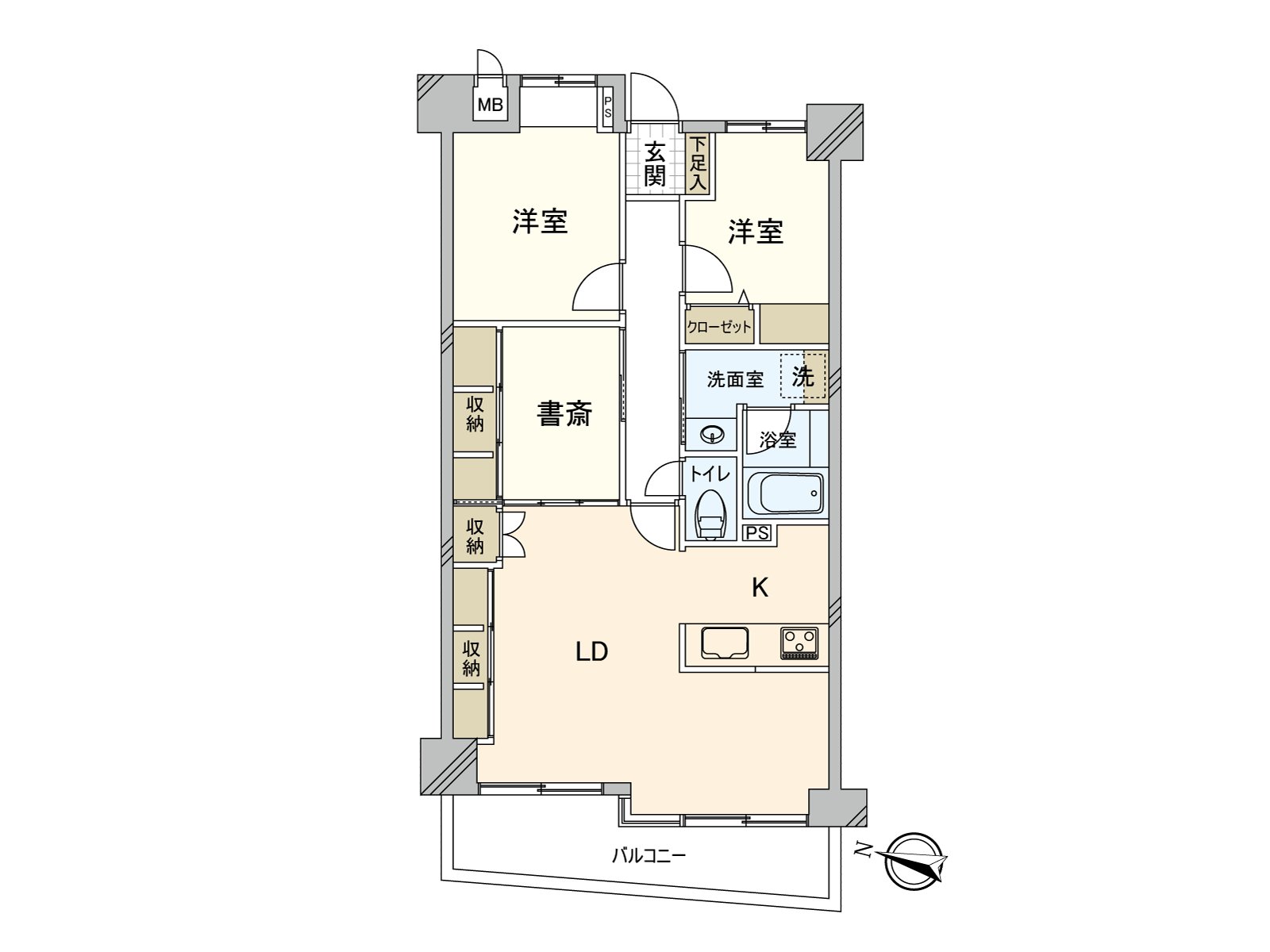 It is 2SLDK dwelling unit located in the 4th floor which possessed terrace facing west. Washroom storing and the everywhere are provided with storing in the study and shoes box and can employ house space widely.