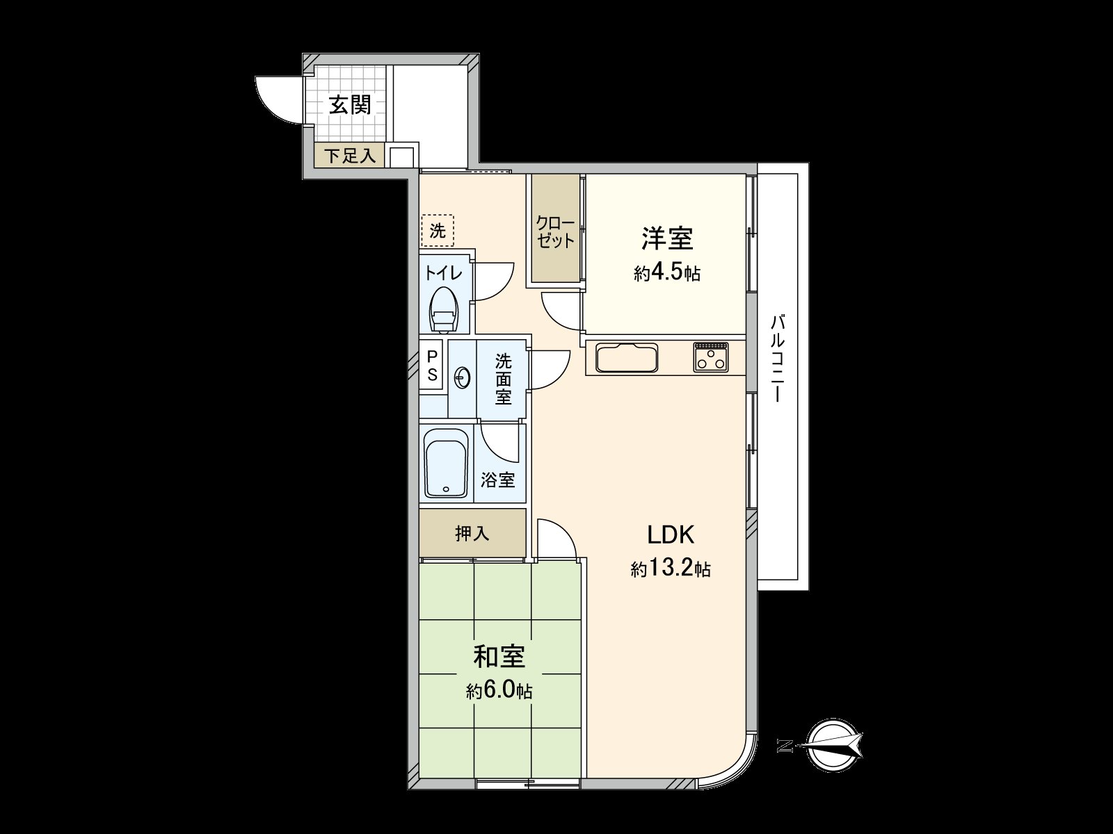 是朝南的有陽台作為陽光良好度的約13.2張塌塌米LDK。在貼墻式的廚房，能有效活用住空間。