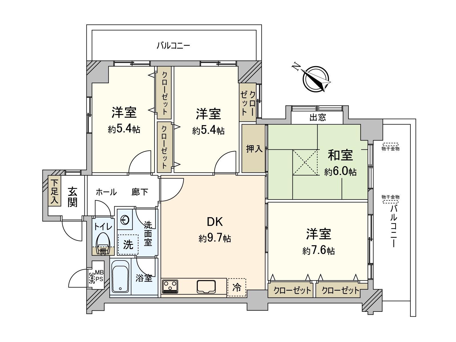 是东南一侧和东北一侧的2面阳台被设置的4DK住戸。从东南阳台，好像多量含自然光。