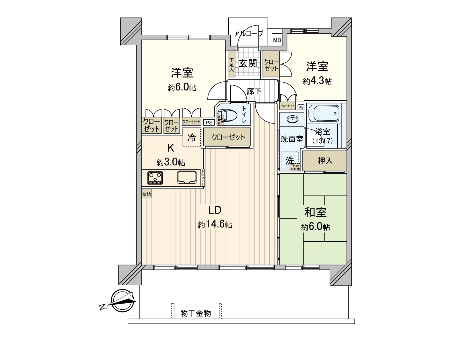 從朝西的陽台，陽光也從下午起插進去。因為開放和式房間的拉門所以可以與客餐廳的1具利用。存儲空間被全居室配置的舒適是某一個家。