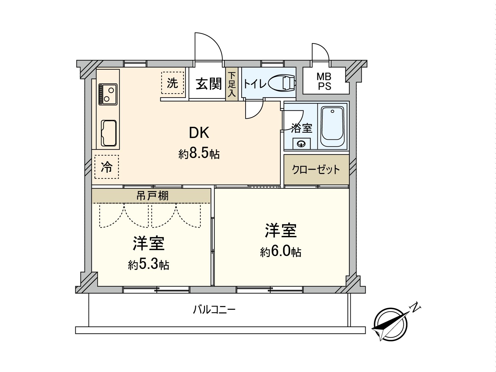 是走廊的少的有效的房型。能从两个西式房间进出阳台。水周围正汇集，好像容易举行家务。