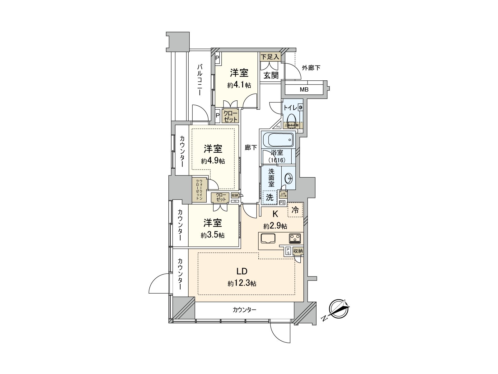 The dwelling unit that the abundant storing including the walk-in closet is established. LDK and one about 3.5 quires of Western-style rooms are available for the use.