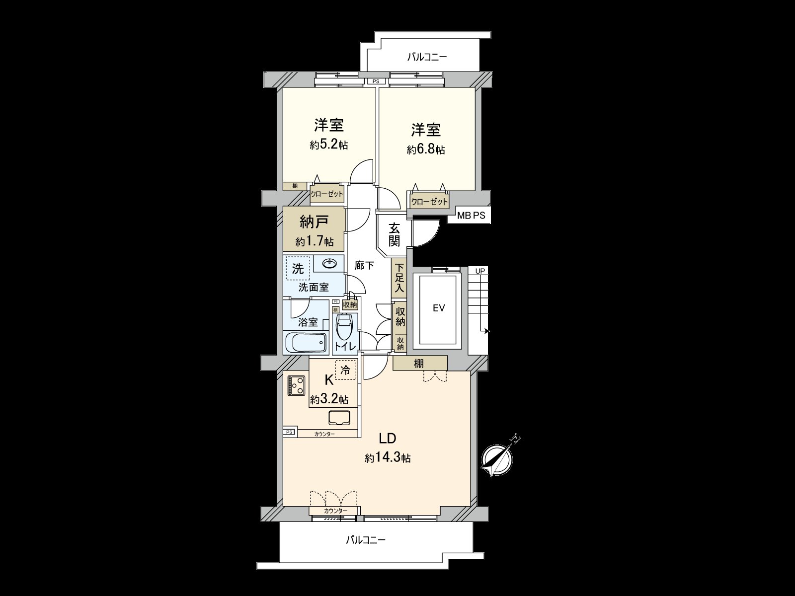 It is Southeast Orientation, the Plan with the open feeling of the both sides Terrace. LDK is about 17.5 tatami and spacious relaxing space. Including the storeroom which is convenient for the storing such as seasonal things, storing is satisfying.