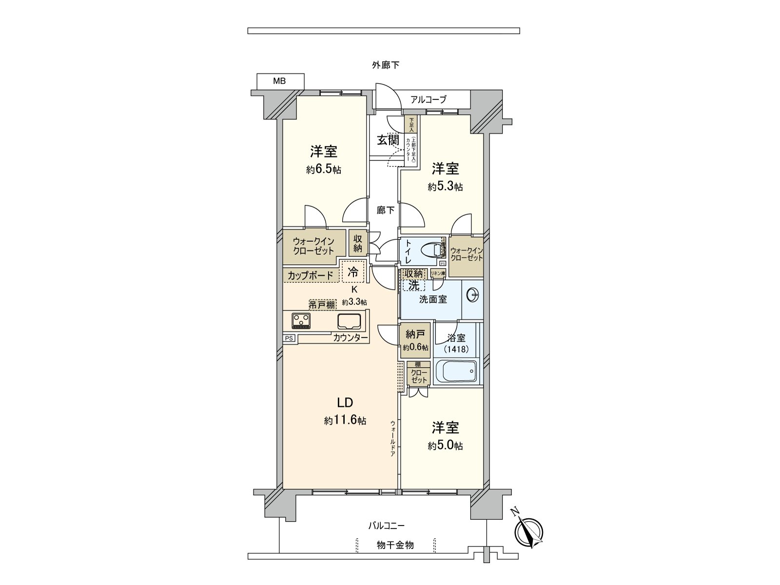 The house which storing has abundant in a storeroom and the everywhere including the walk-in closet. Comings and goings are possible in a washing face room from the kitchen and are the Plan design that a housework line of flow has good.