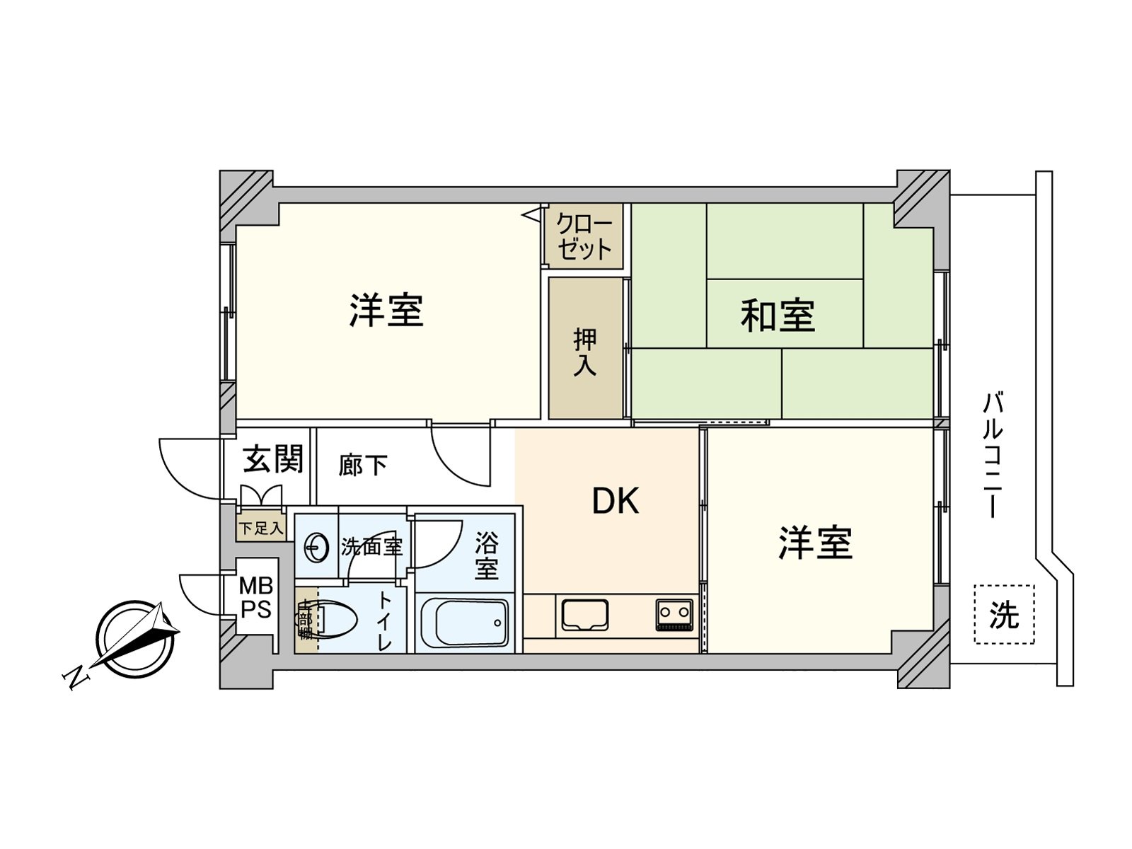 是2个房间面向南西阳台的房型。到底开放DK和邻接的西式房间的拉门的话可以利用。因为水周围被汇集所以好像能在同时进行效率好进行家务。