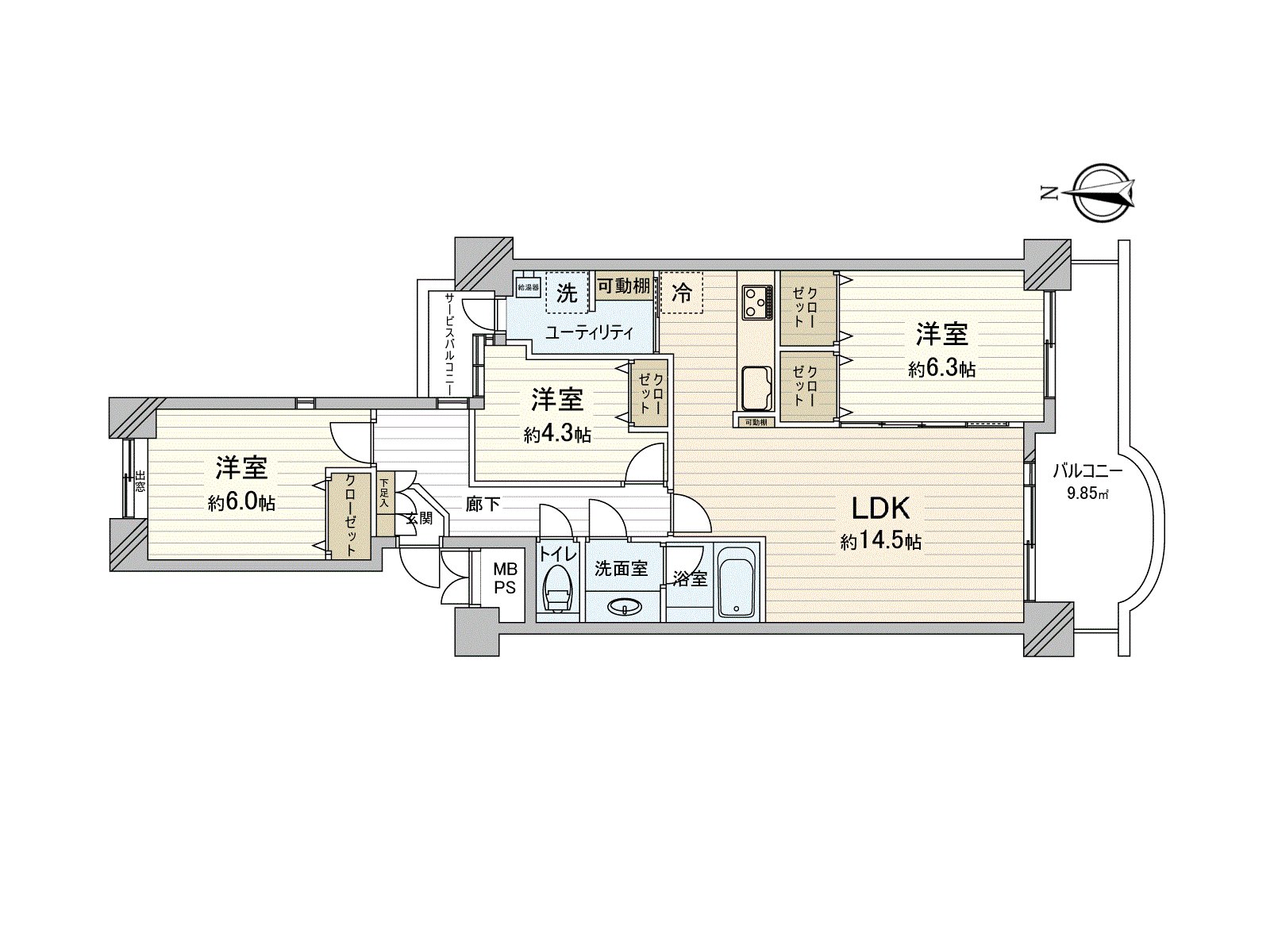 南有陽台的3LDK。在同LDK鄰接的約6.3張塌塌米西式房間，如果開放門的話，可以利用到底。收藏被在各西式房間以及到處準備。