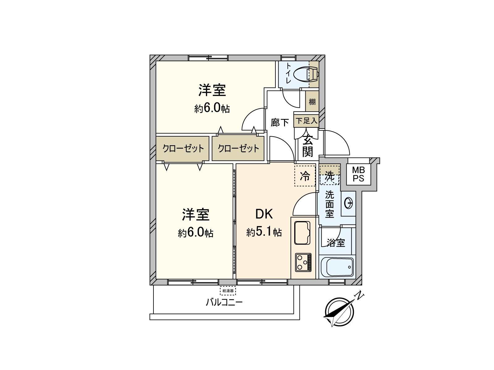適合東南的住戸。浴室、洗臉室離廚房近家務的好像容易舉行同時進行。壁櫥，走廊以及DK在各西式房間有擱板。
