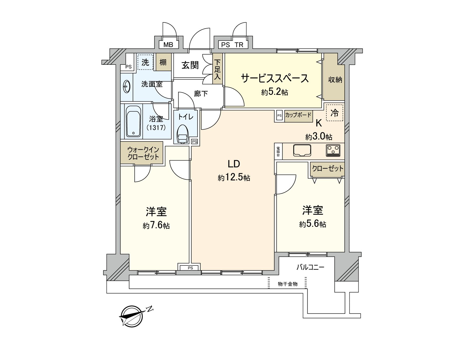 There is Terrace extending over three rooms facing east, a dwelling unit with a feeling of opening. Western-style room two rooms are next to the LD. About 7.6 quires of Western-style rooms are provided with convenient WIC.