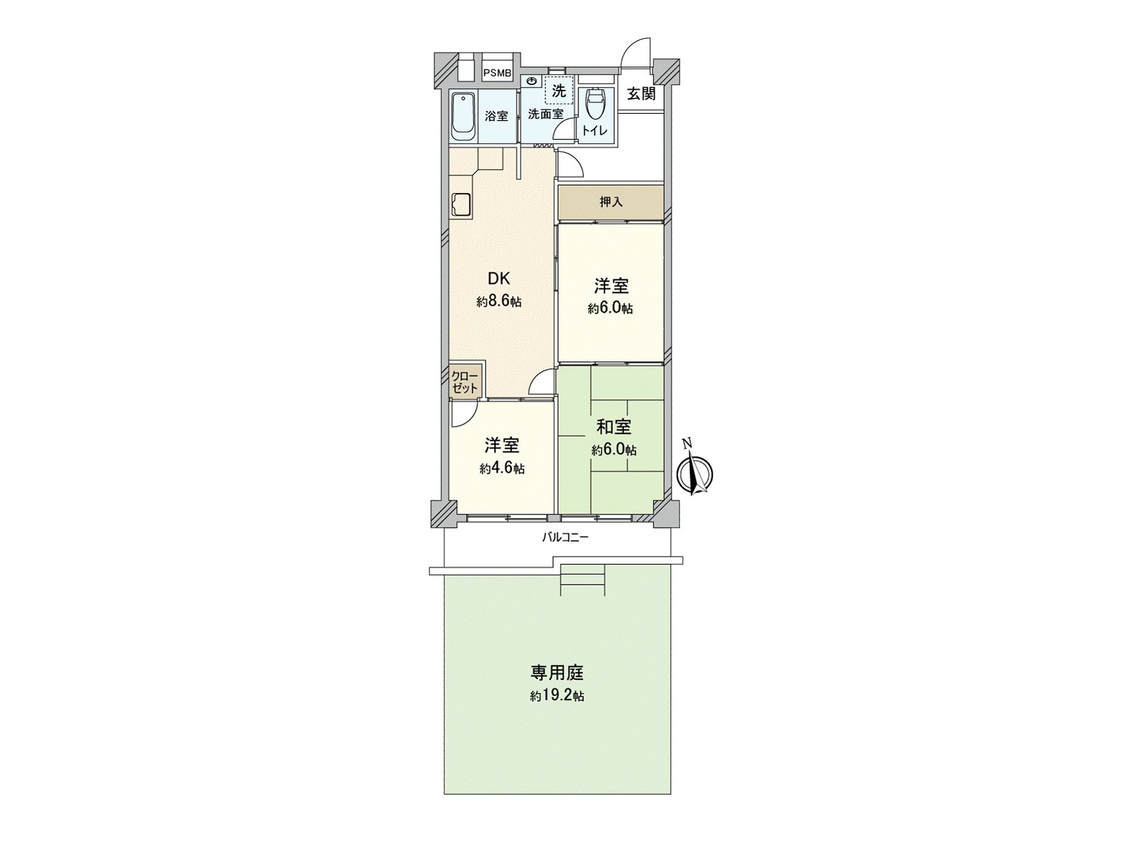 [floor plan] An effective Plan design with a few corridors. The exclusive garden of the about 19.2 tsubo is connected to the Southwest Orientation Terrace, and opening-like space spreads brightly.