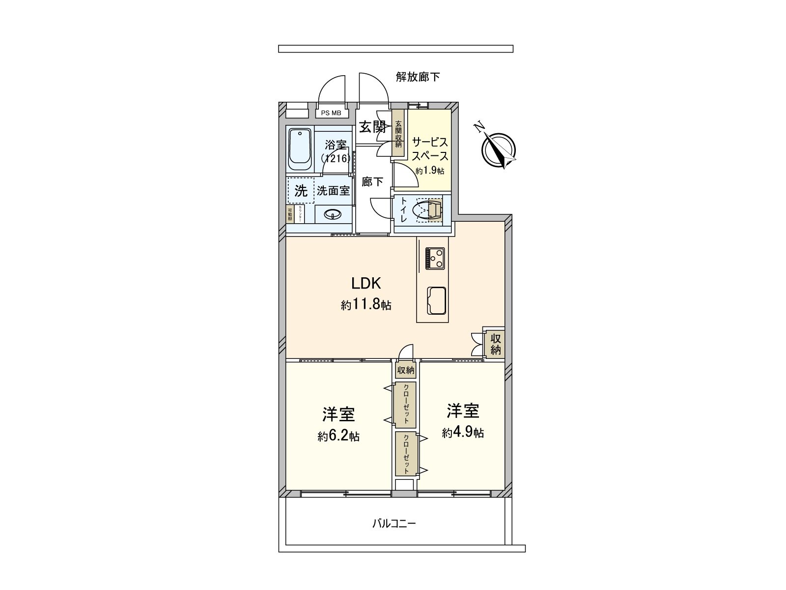 能进出走廊的约1.9张塌塌米储藏室被设立。在日用品的购存，季节家电的收纳可以灵活使用。厨房的与家族的会话在开放式兴奋起来。