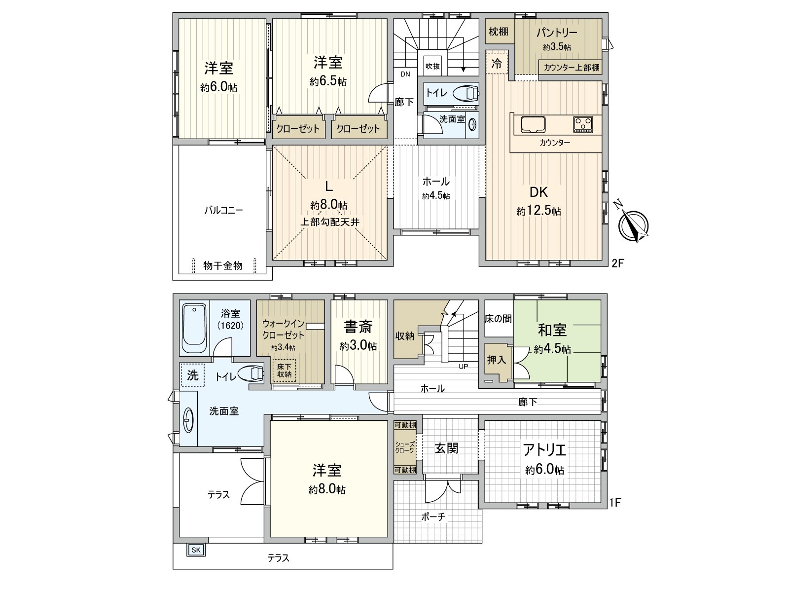 在禮堂連接的客廳和約合計25張塌塌米廚房餐廳。也在Terrace以及陽台享受外面的時間，WIC或者餐具室等的收納也充實。是洗碗機或者浴室烘乾機等的舒適的設備準備完畢的家。