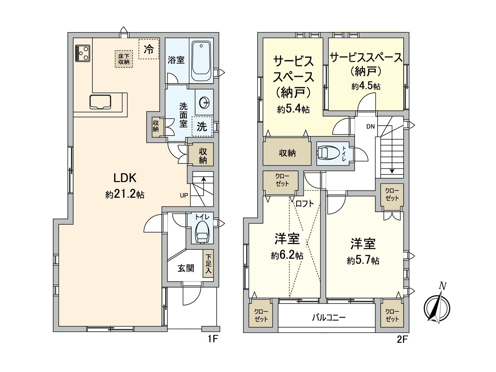 As all rooms storing possesses total of, a loft and service space, it is usable between house Vacant spaciously. The living stairs where the communication with the family is easy to be made are adopted.