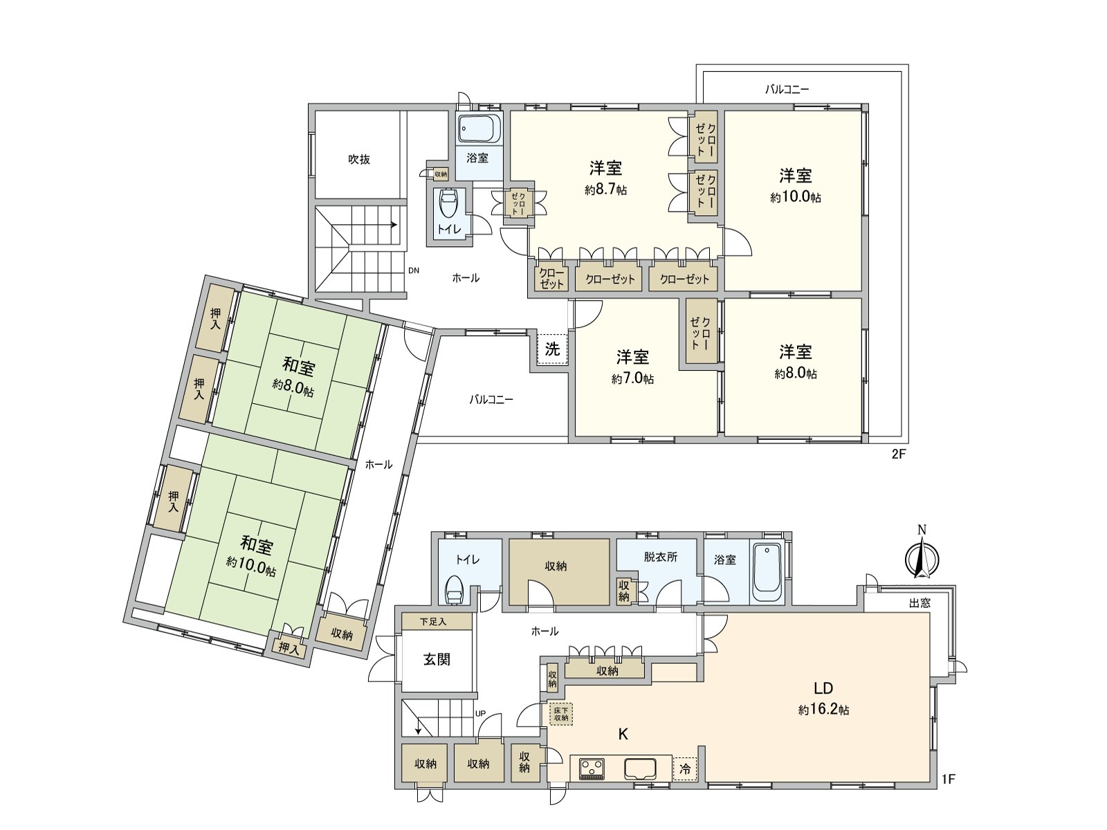 是约16.2张塌塌米宽敞的客厅。浴室和厕所在各层，是能用2户居住的住房。到处有收纳，好像房间和感觉清醒整理。