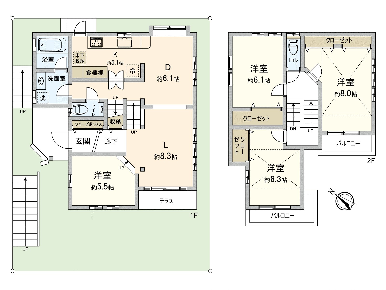 位于难以从前面道路看得到的地方的讲坛。2个地方全居室2面采光&的阳台被设立的开放性的2层的"4LDK。"是餐厅被在在1楼在客厅，二层阁安置的STEP层的房型设计。