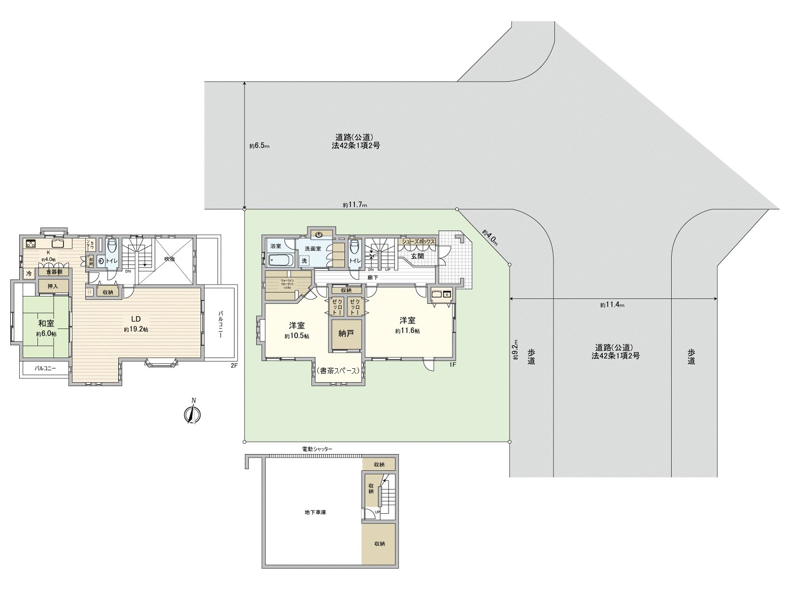 It is located in the Northeast corner lot. A site is higher than front road, and eyes from front road are the locations that they are hard to be worried about. As for the east side road width, about 11.4m, the north side road width can afford with about 6.5m.