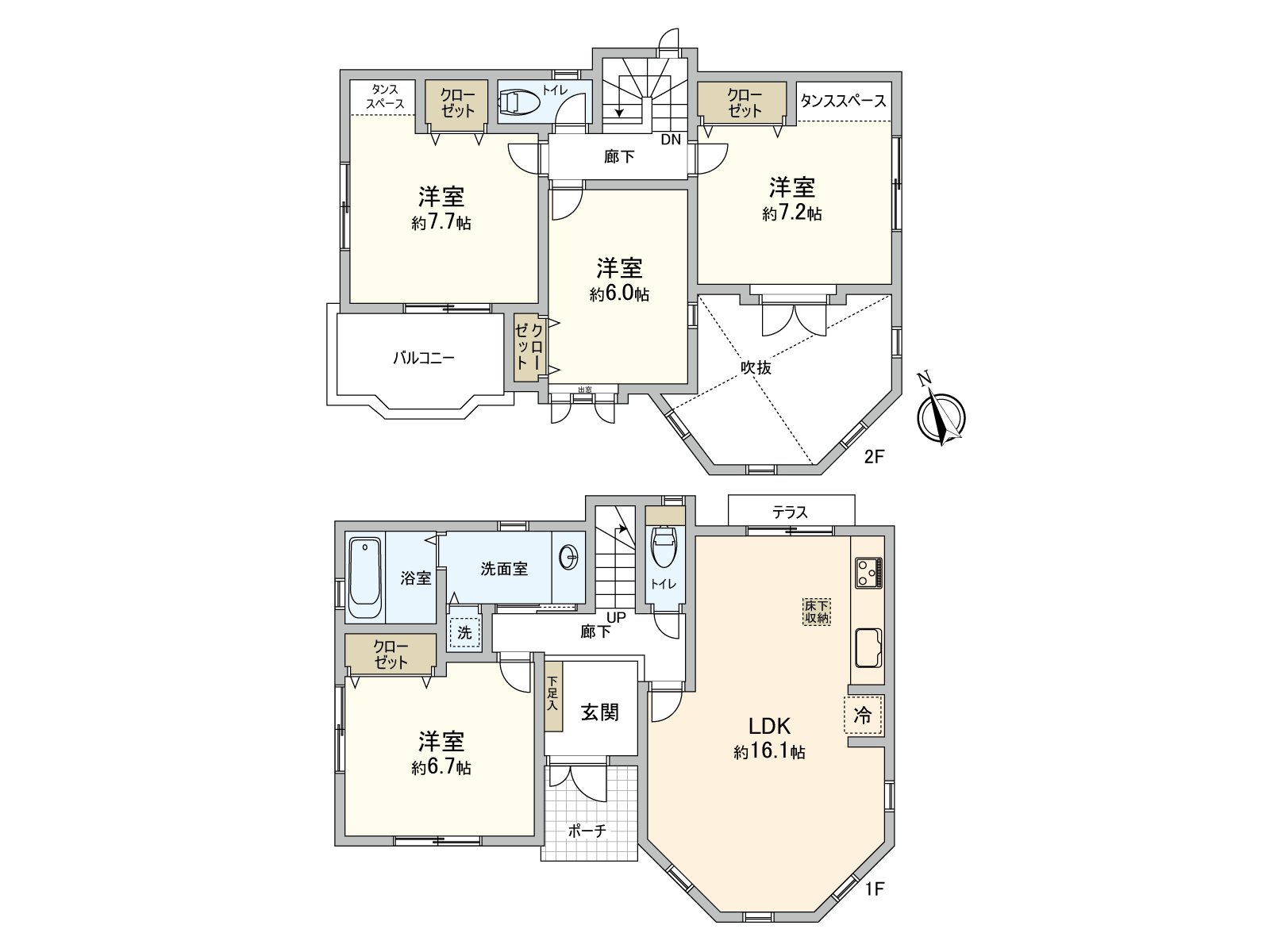 LDK is a certain about 16.1 quires of space area, and part of LD upper part is a colonnade. Storage space is established in each Western-style room and can effectively utilize house space.