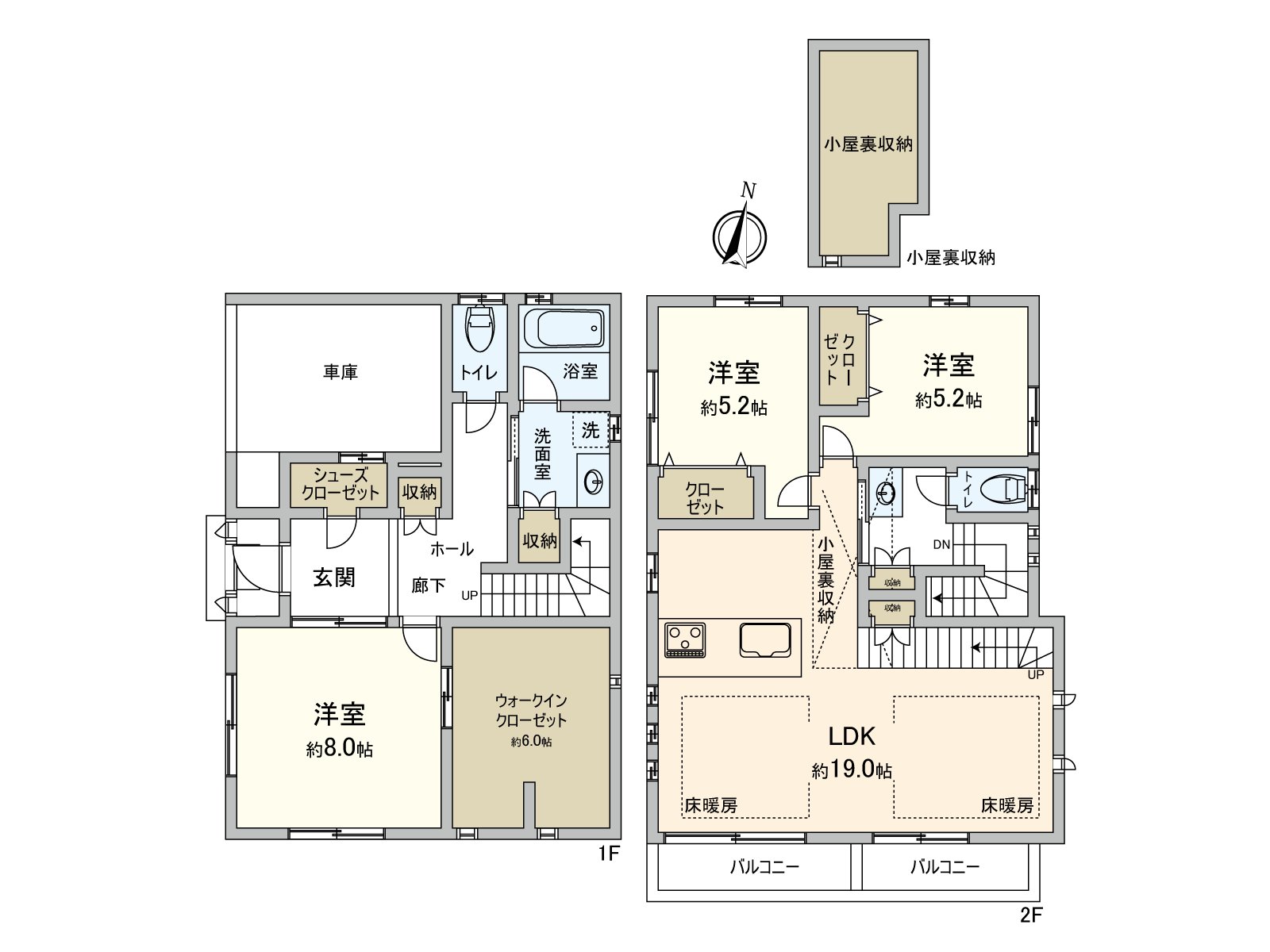 LDK is located in the 2nd floor and is relaxing relaxedly without minding eyes from the outside. Storing including about 6.0 quires of walk-in closets and backs of the hut storing is fulfilling. It is the Plan which can live in a neat residential space.