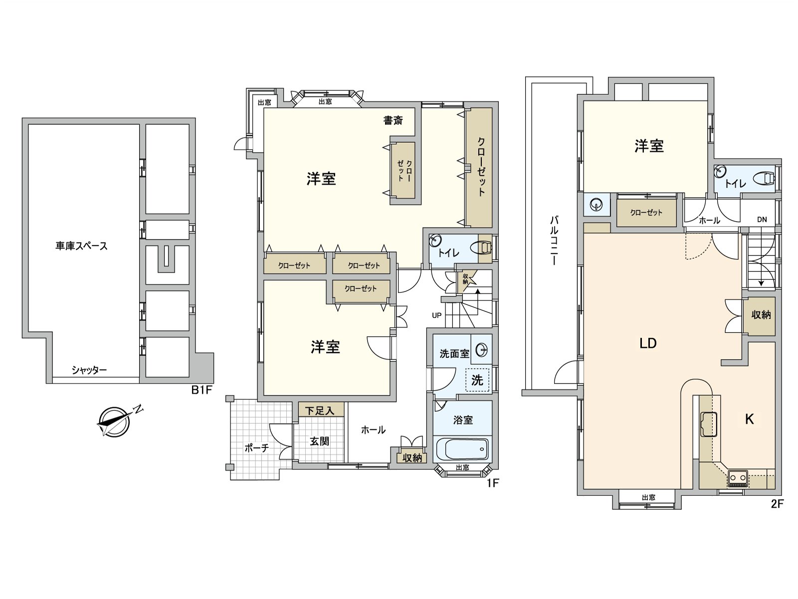 走廊以及全居室有收纳，有效活用能要居住空间。两个西式房间，LDK 2面为采光是通风良好度。