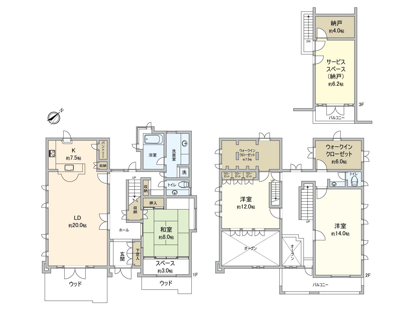 A Western-style room ･ Japanese-style room is six quires or more together, and LDK about 27.5 quires are Plan with a space. Storing including WIC and the pantry is established abundantly and can utilize space effectively.