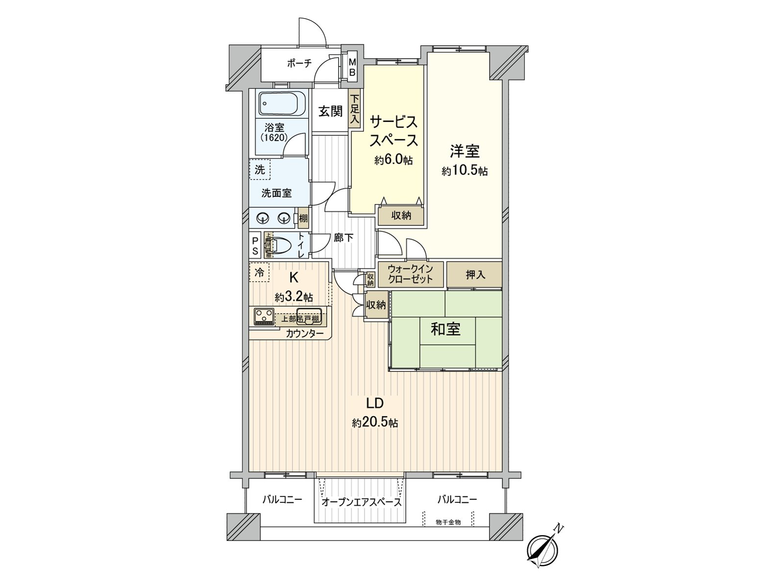 It is 2SLDK of 100.05 square meters of exclusive area. In open air space integral with the living, you can enjoy teatime relaxedly. The all rooms has storing and can keep house space clearly.